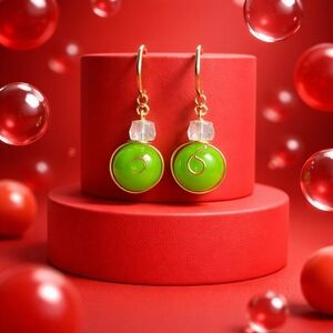 Handmade Lime Green Beaded Earrings Wire Wrapped Crystal Accent Dangle Earrings